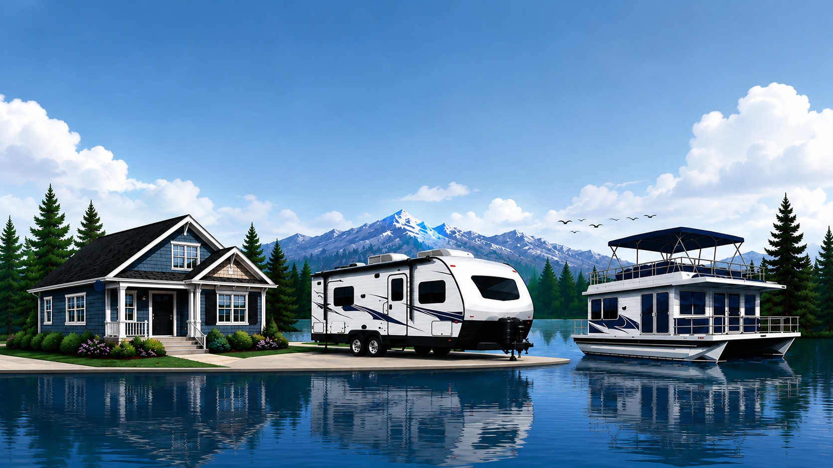 A lakeside home, a travel trailer and a houseboat below forested mountains — the three places Ellis works.